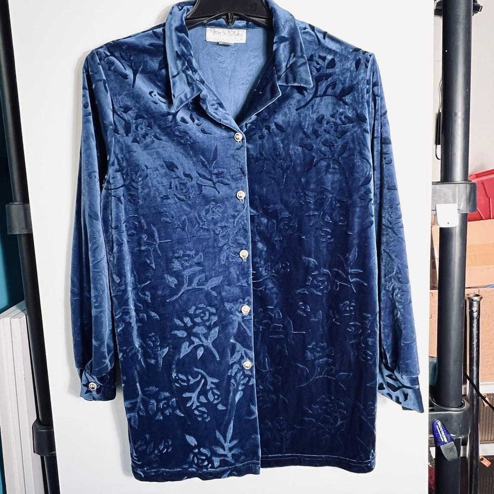 Vtg Diane Von Furstenberg Womens Medium Blue Velvet Button Front Blouse 90s EUC!
